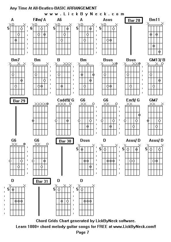 Chord Grids Chart of chord melody fingerstyle guitar song-Any Time At All-Beatles-BASIC ARRANGEMENT,generated by LickByNeck software.